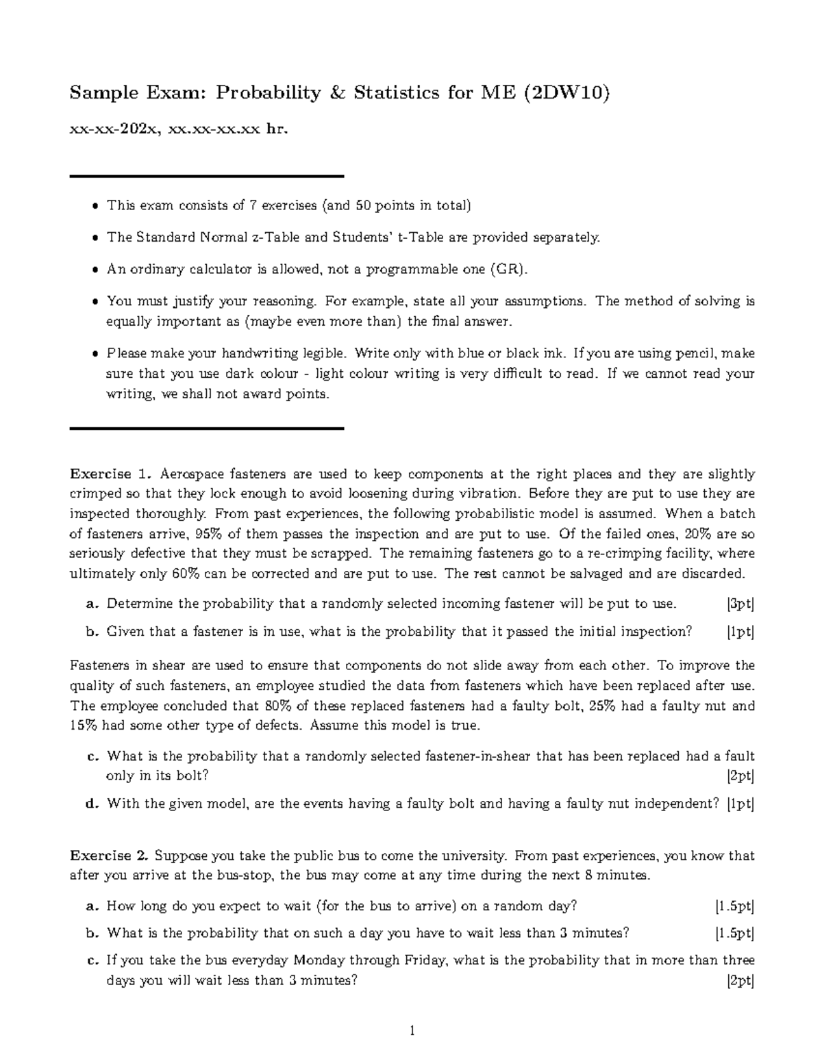 Probability & Statistics Sample Exam for ME (2DW10) - Practice Material ...