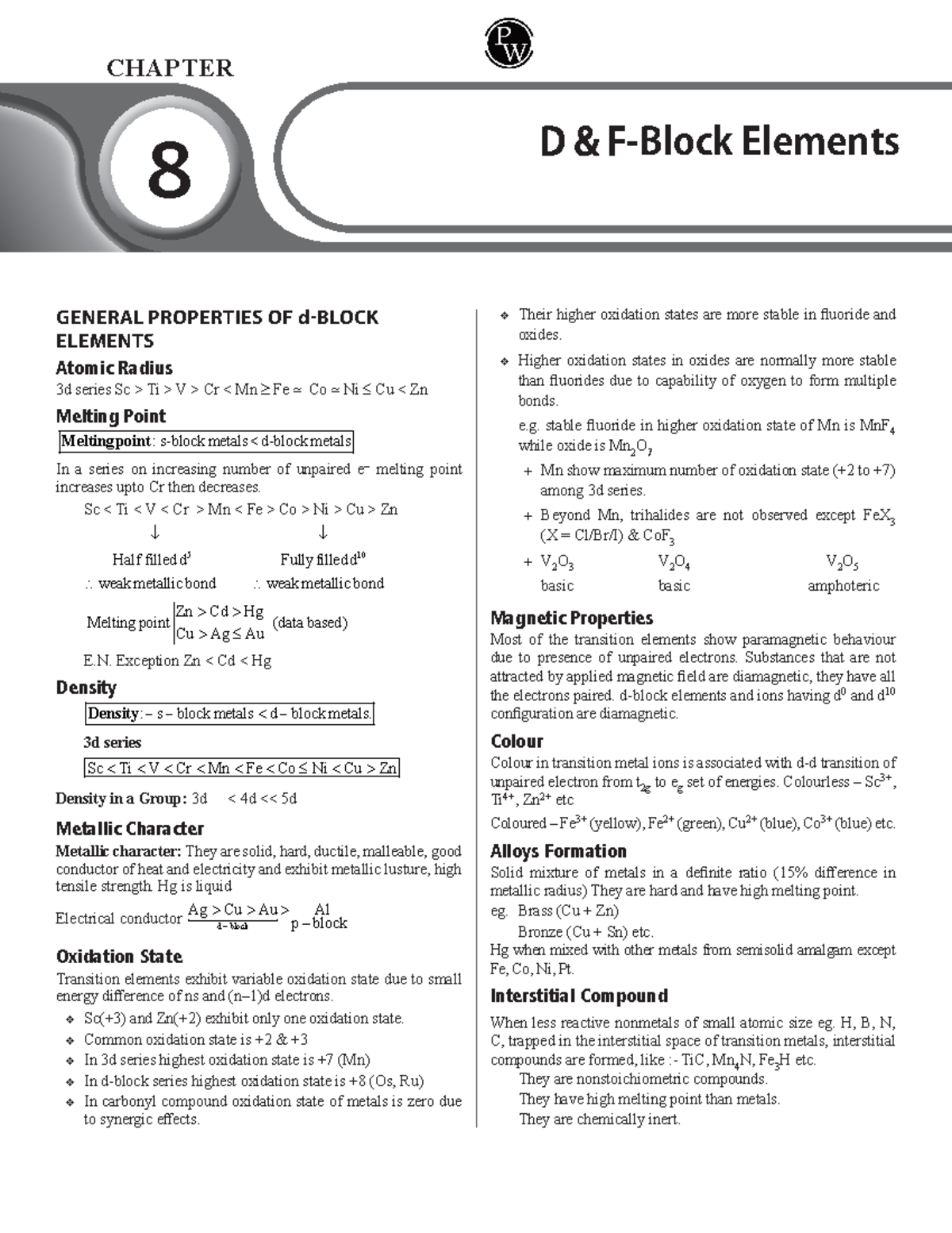 D & F-Block Elements: Essential Short Notes for Class 12th - Studocu