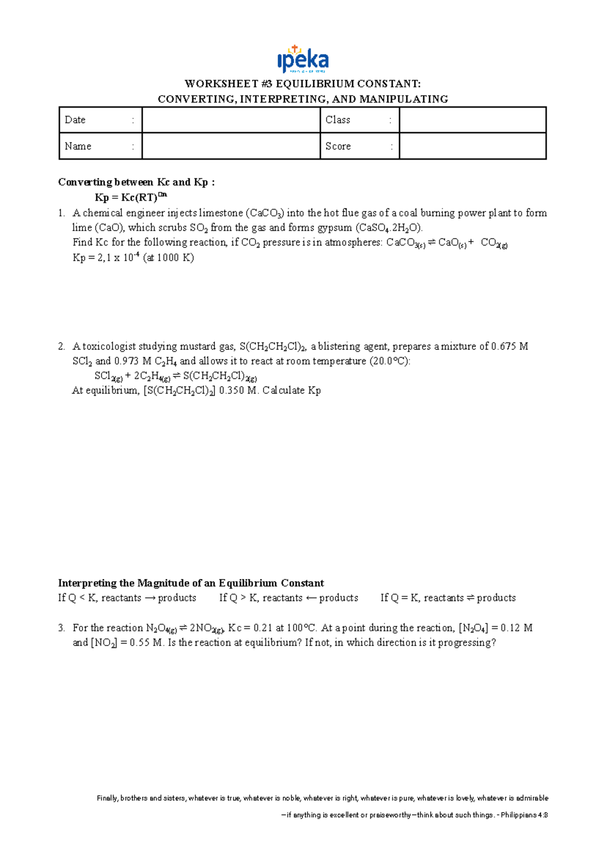 Worksheet #3: Equilibrium Constant Kc and Kp Calculations - Studocu