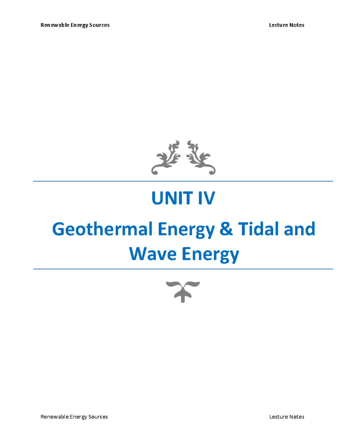 Renewable Energy Sources Lecture Notes: Unit IV - Geothermal, Tidal ...