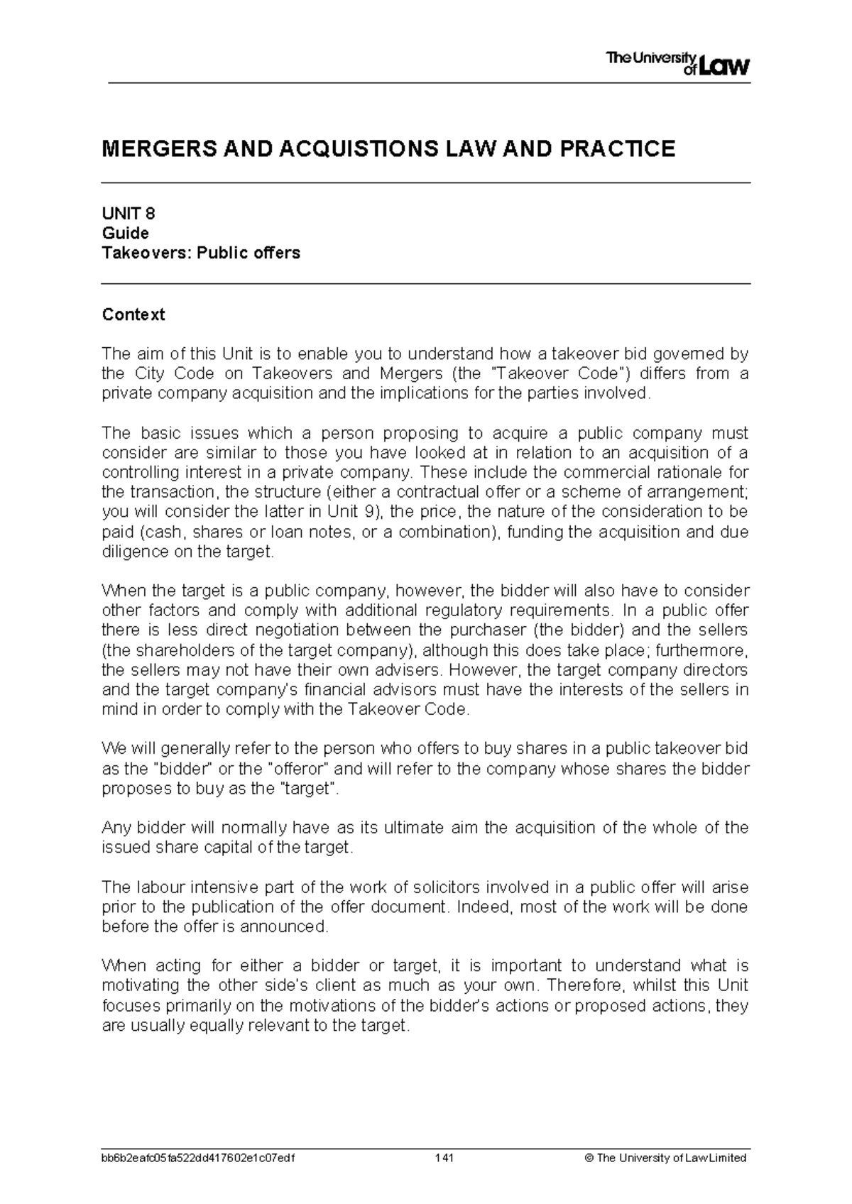 Tutorial guide - MERGERS AND ACQUISTIONS LAW AND PRACTICE UNIT 8 Guide ...