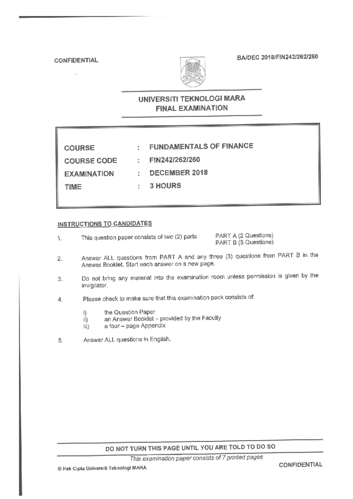 FIN242 Final Exam Paper - Fundamentals of Finance (Dec 2018) - Studocu