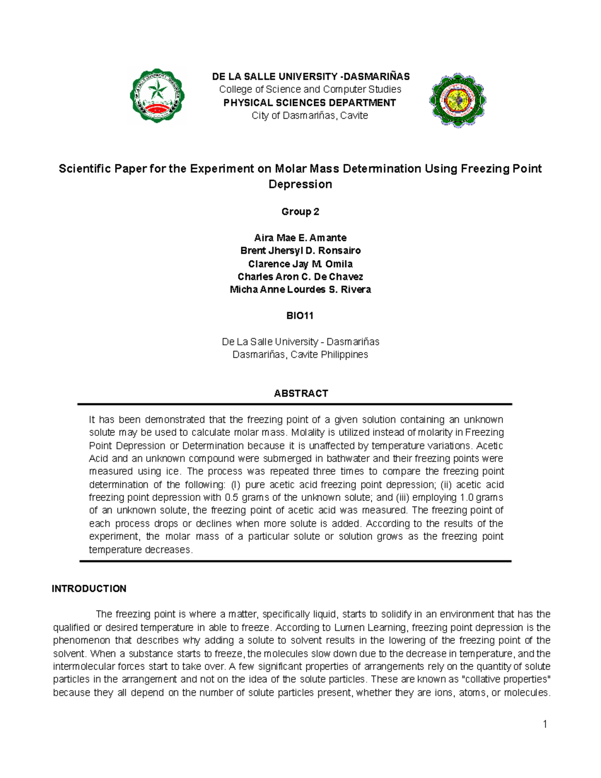 Scientific Paper on Molar Mass Determination Using Freezing Point - Studocu