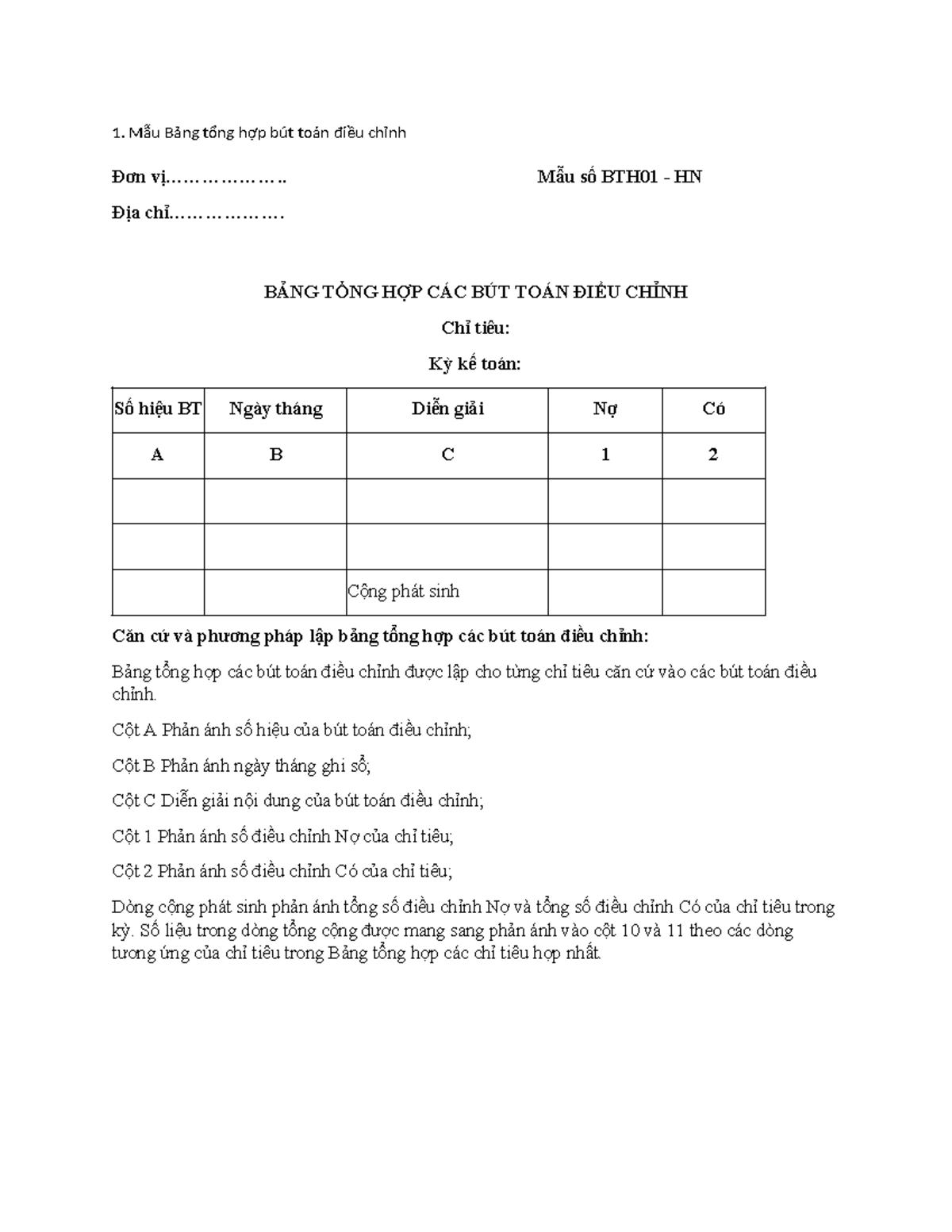 Bảng Tổng Hợp Bút Toán Điều Chỉnh Mẫu BTH01 HN - Studocu