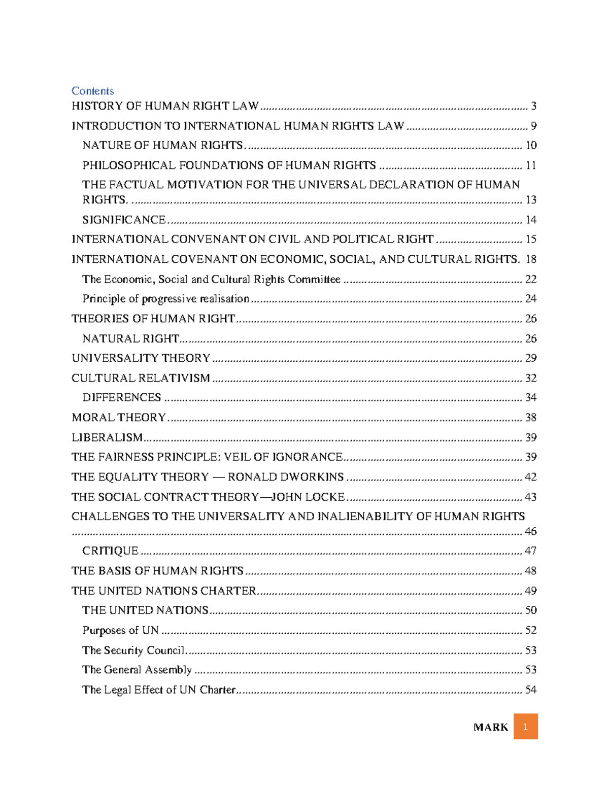 HR Personal Notes - Contents HISTORY OF HUMAN RIGHT LAW INTRODUCTION TO ...