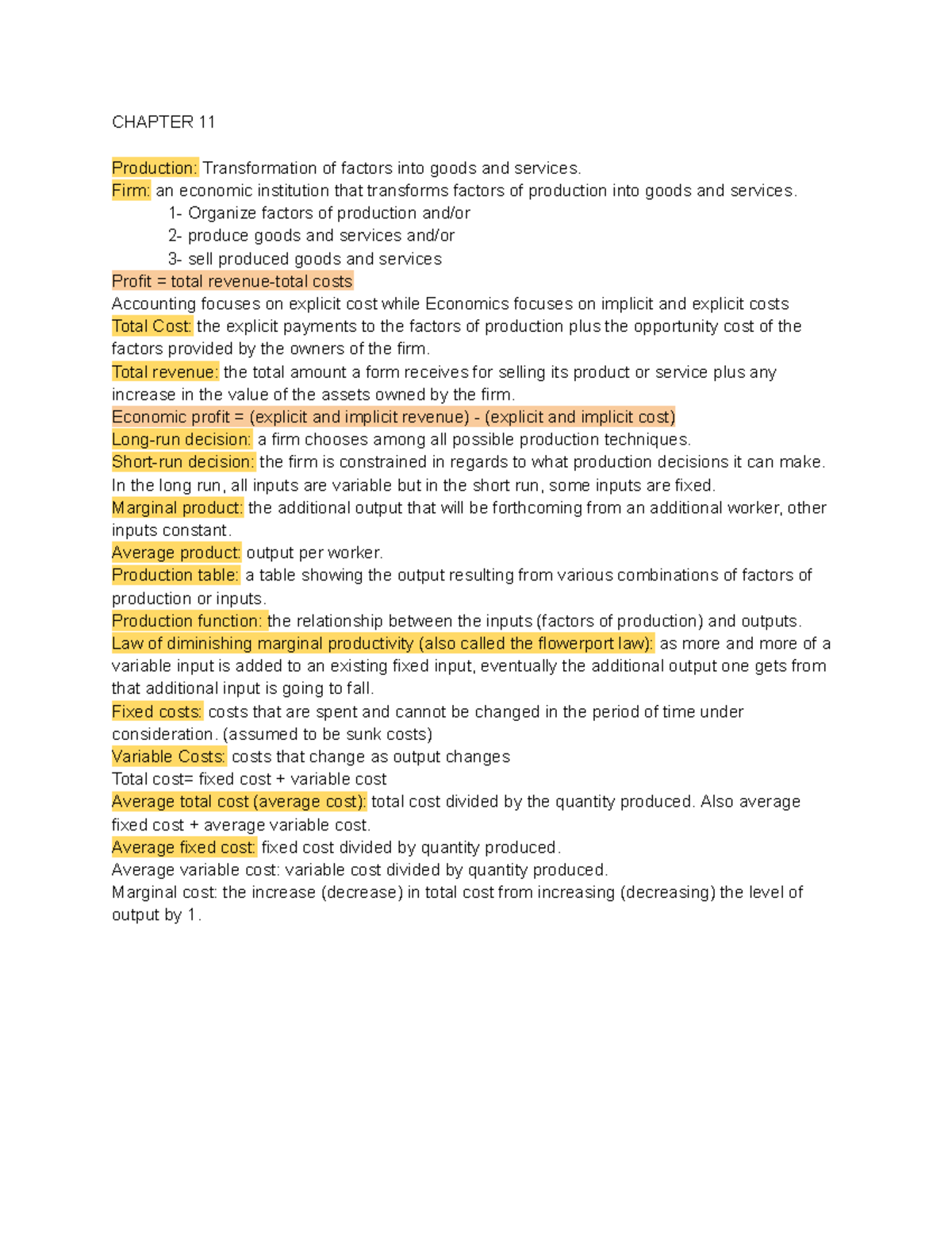 Econ 201 Chapter 11 and 14 Notes on Production & Market Structures ...