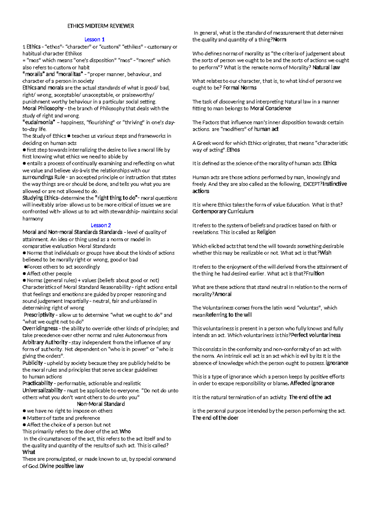 ETHICS 101 MIDTERM REVIEWER: Key Concepts and Frameworks - Studocu