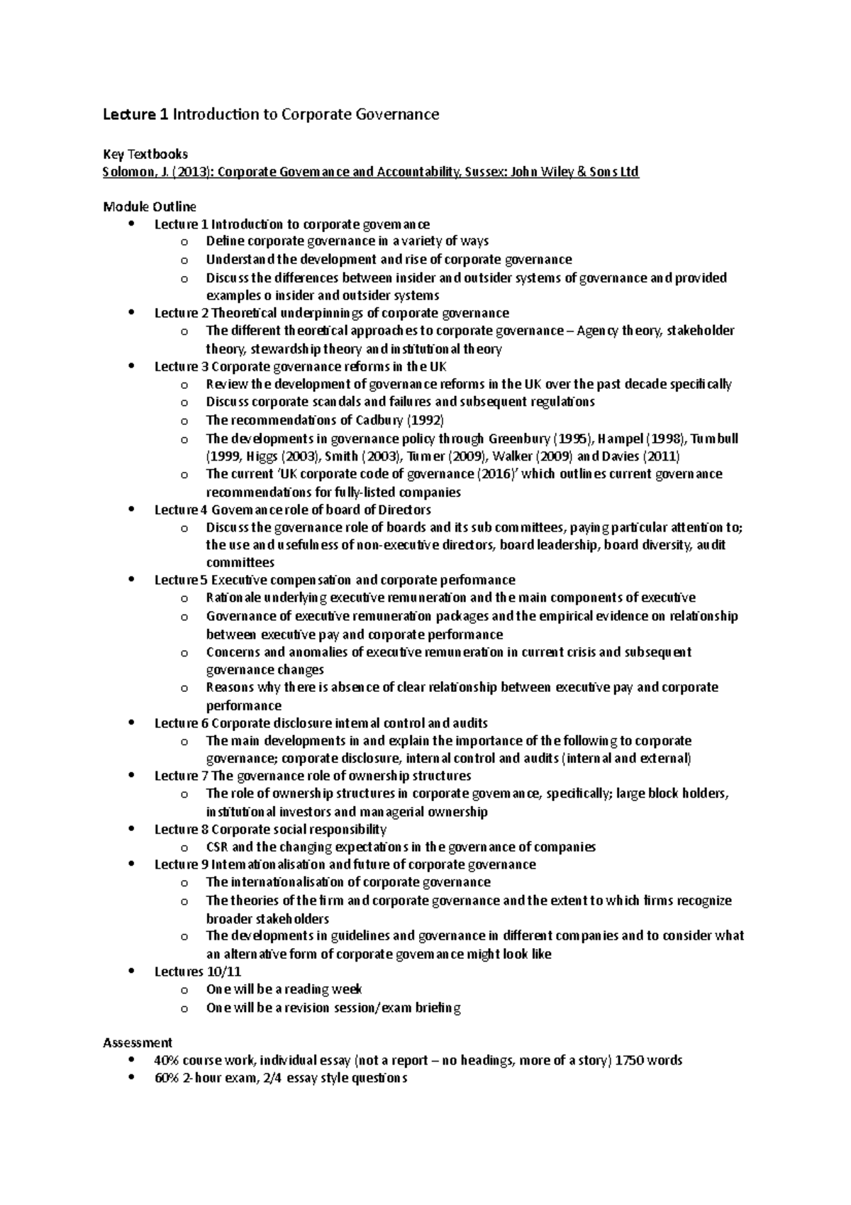 MGT227 Lecture 1 - Introduction to Corporate Governance Overview - Studocu