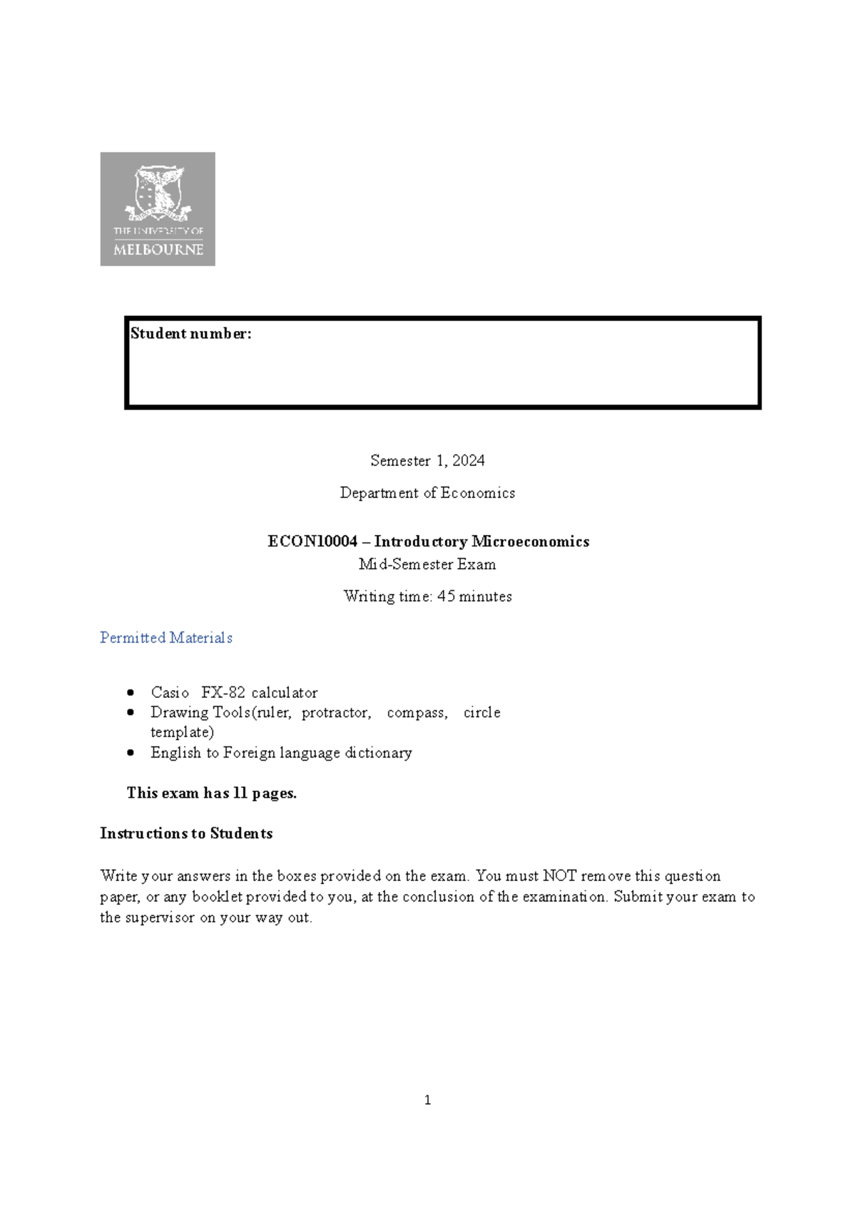 Mid-Semester Exam ECON10004: Introductory Microeconomics - 2024 - Document Preview