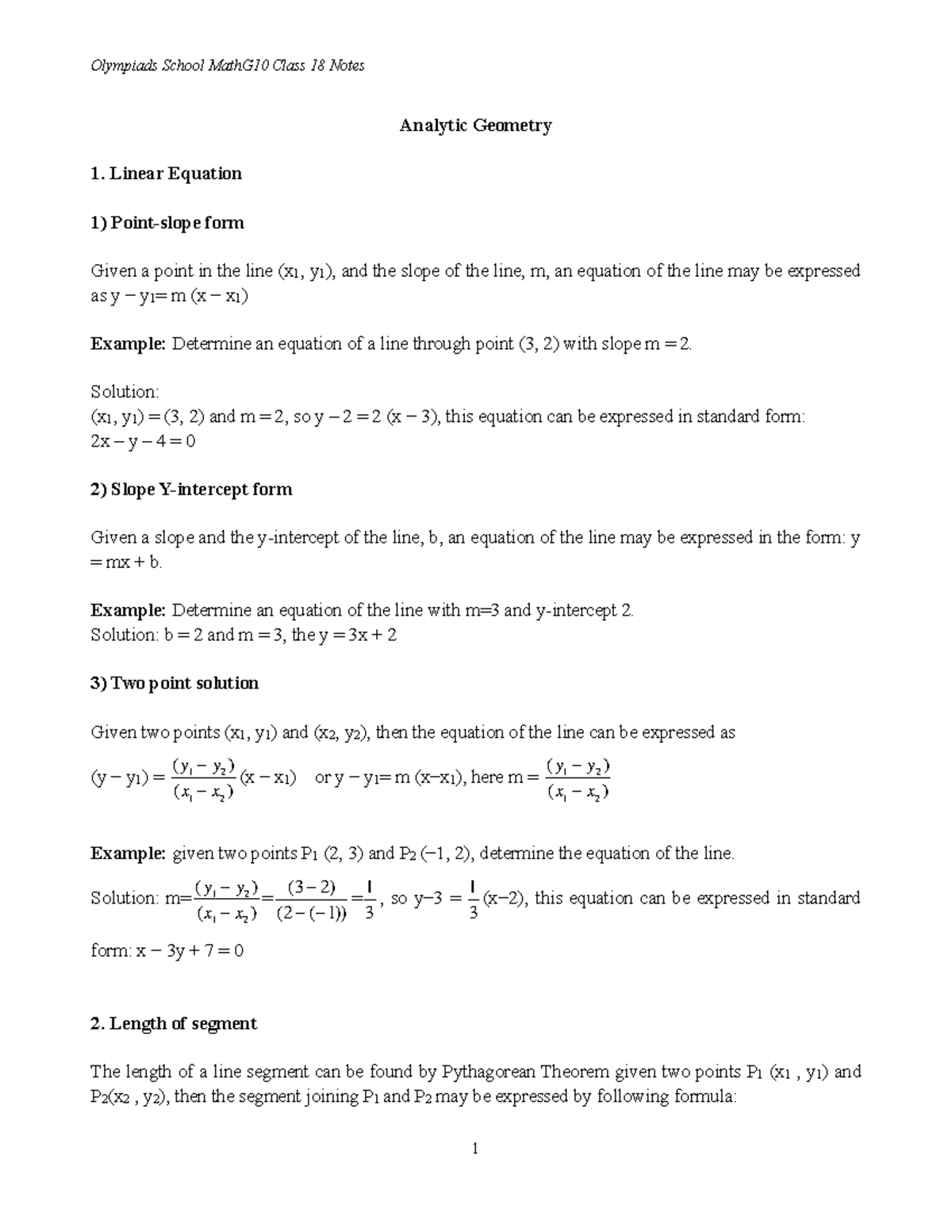 Math G10 Class 18 Notes: Analytic Geometry Concepts and Examples - Studocu