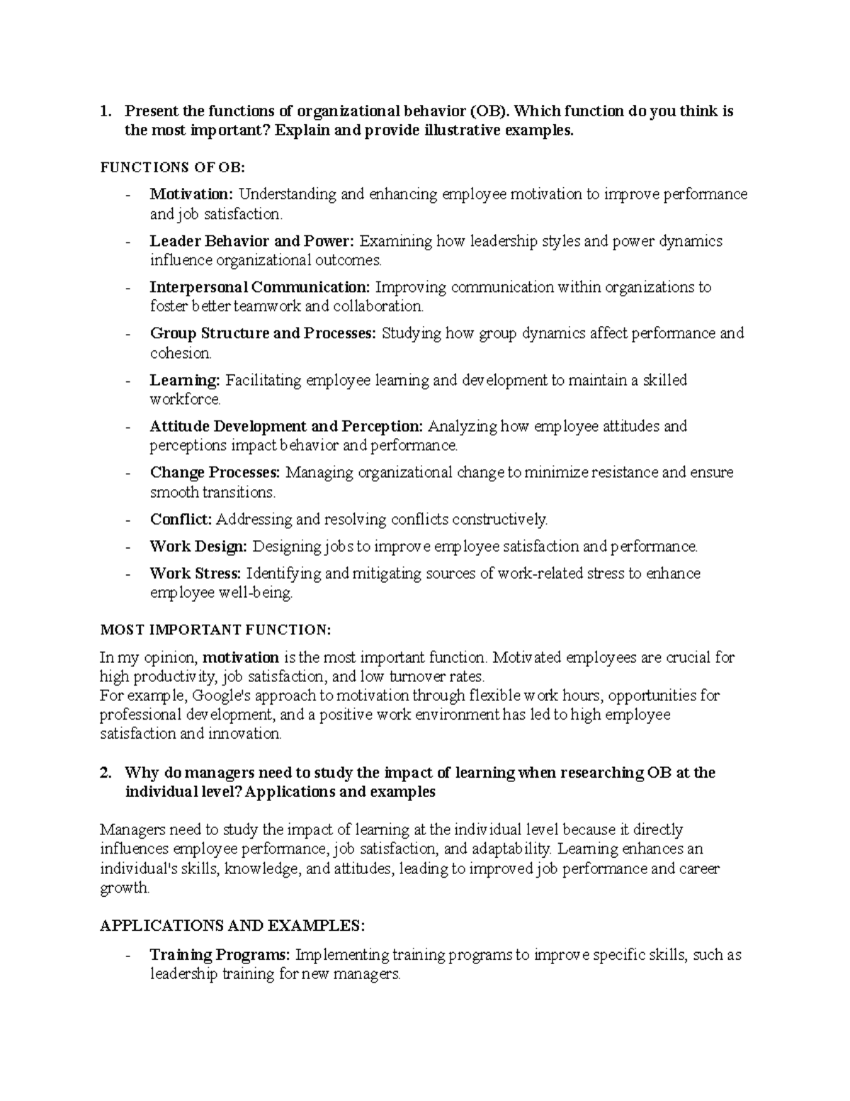 OB Final Exam Cheat Sheet: Key Functions and Concepts in Organizational ...
