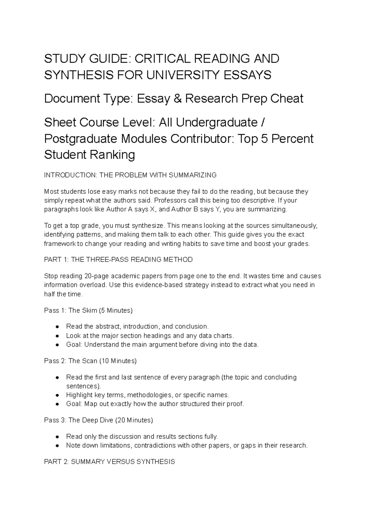 STUDY GUIDE: CRITICAL READING & SYNTHESIS FOR ESSAYS (UG/PG) - Studocu
