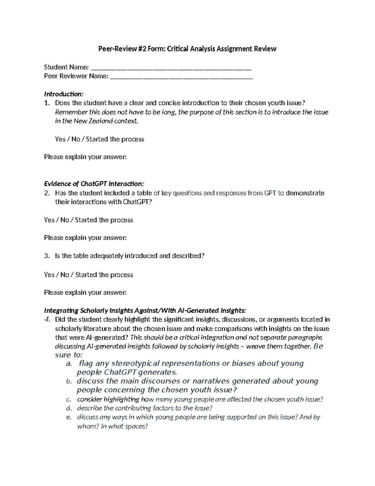 Peer-Review #2 Form- Critical Analysis Assignment Review - Yes / No ...
