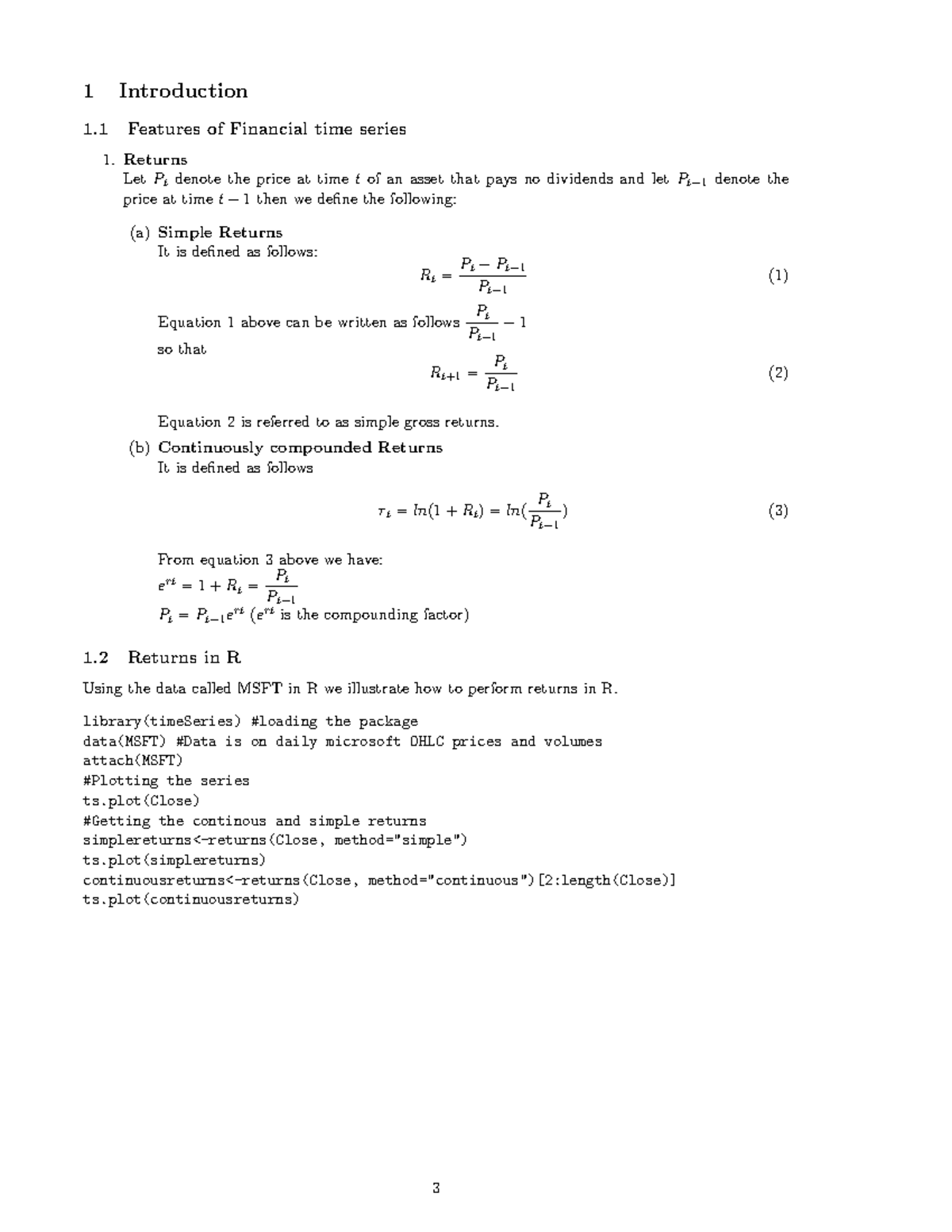 FTS notes - 1 Introduction 1 Features of Financial time series Returns ...