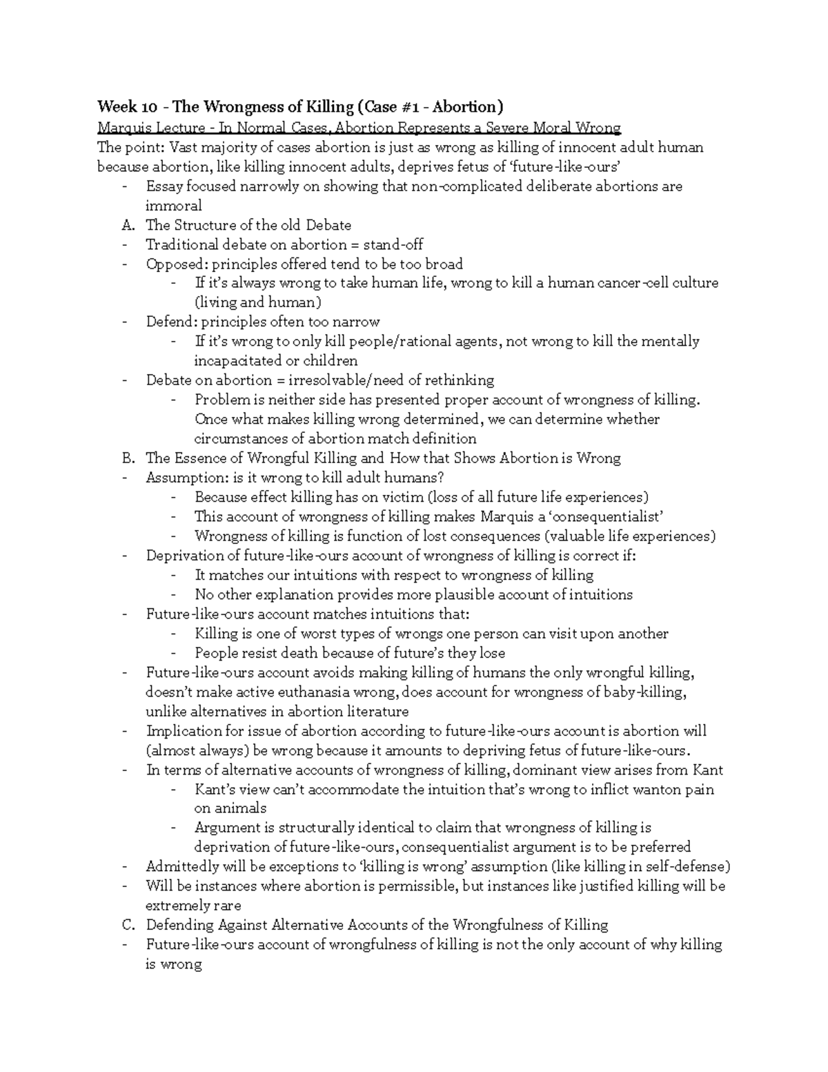 Philosophy 2073 - Week 10: The Wrongness of Killing & Abortion Analysis ...