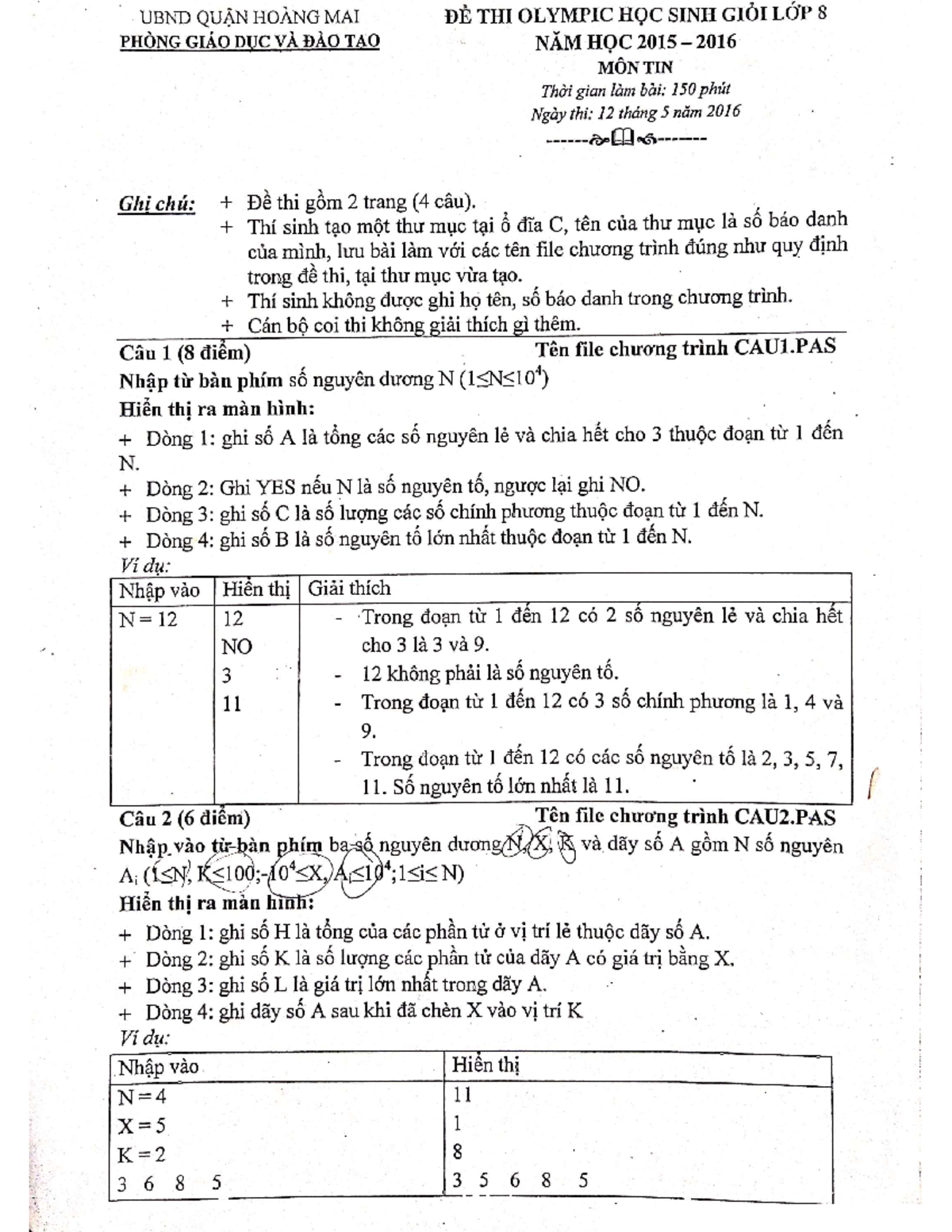 Ôn tập vòng quận - Đề thi HSG Tin vòng Quận - Programming C/C++ - Studocu