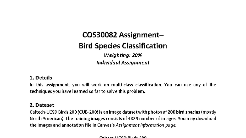 COS30082 Bird Species Classification: Individual Assignment 1 - Studocu