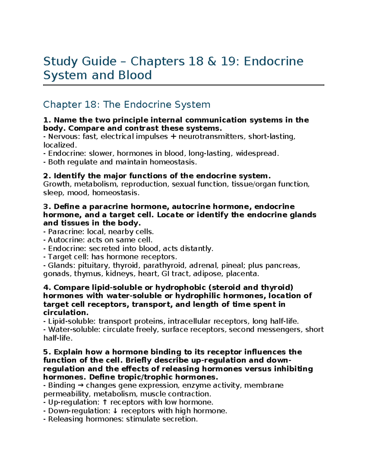 Study Guide - Chapters 18 & 19: Endocrine System and Blood - Studocu