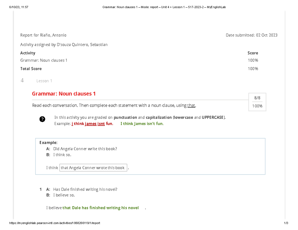 Grammar Noun Clauses 1 – Report – Unit 4 Lesson 1 – 517-2023-2 - Document Preview