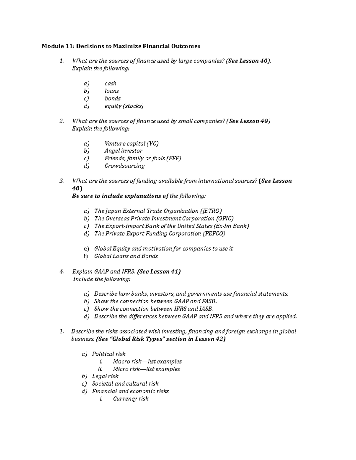 Module 11 Study Guide: Financial Outcomes and Global Business Risks ...