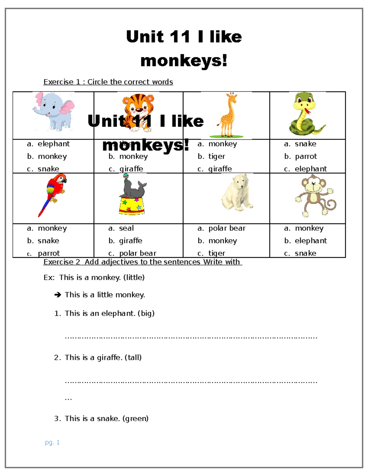 Unit 11 - I Like Animals: Exercises and Activities - Studocu