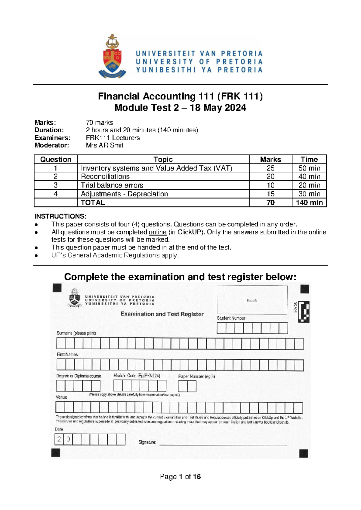 FRK 111 ST2 - Financial Accounting Module Test 2 Overview - Studocu