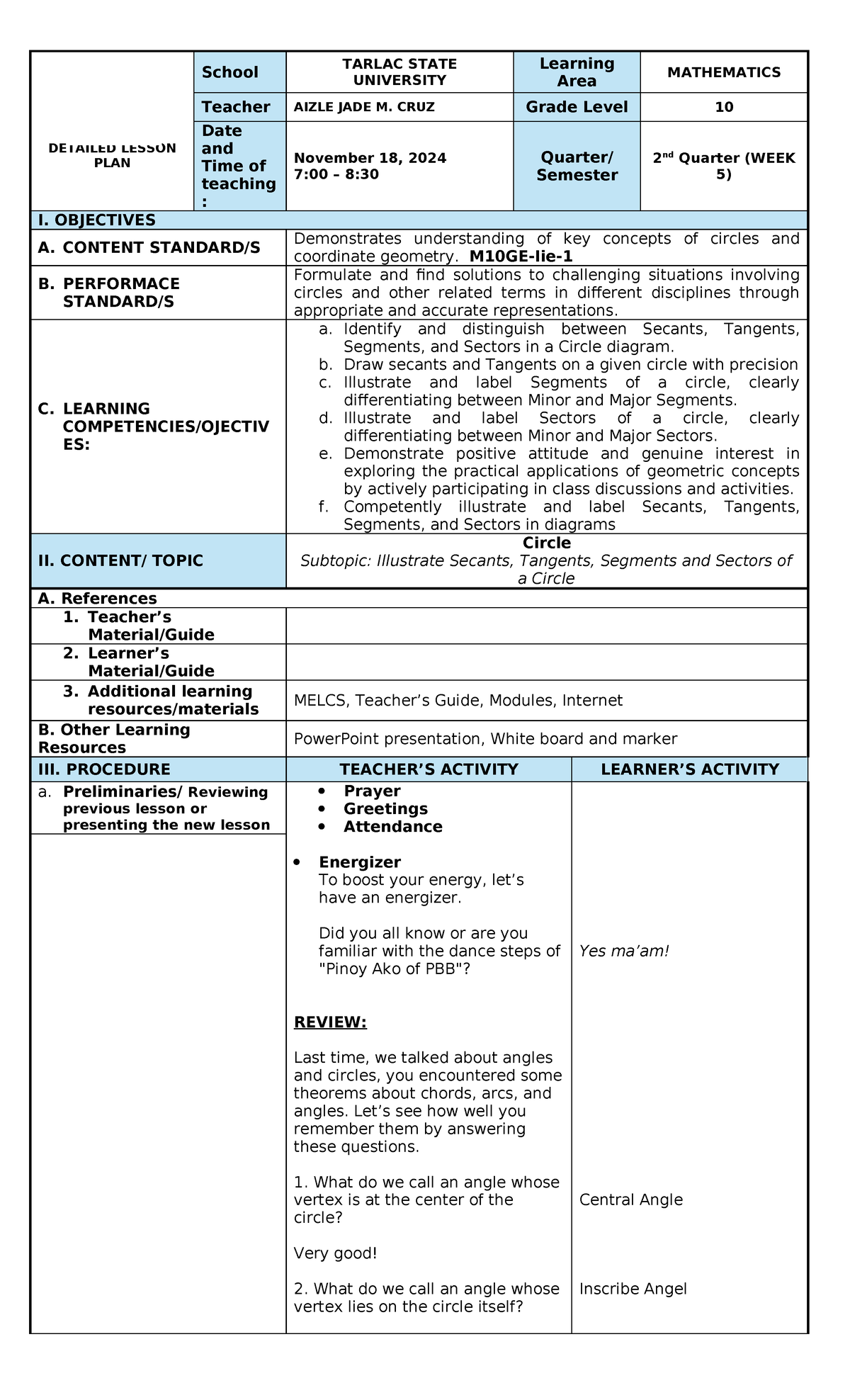 Detailed Lesson Plan on Circles: Secants, Tangents, Segments & Sectors ...