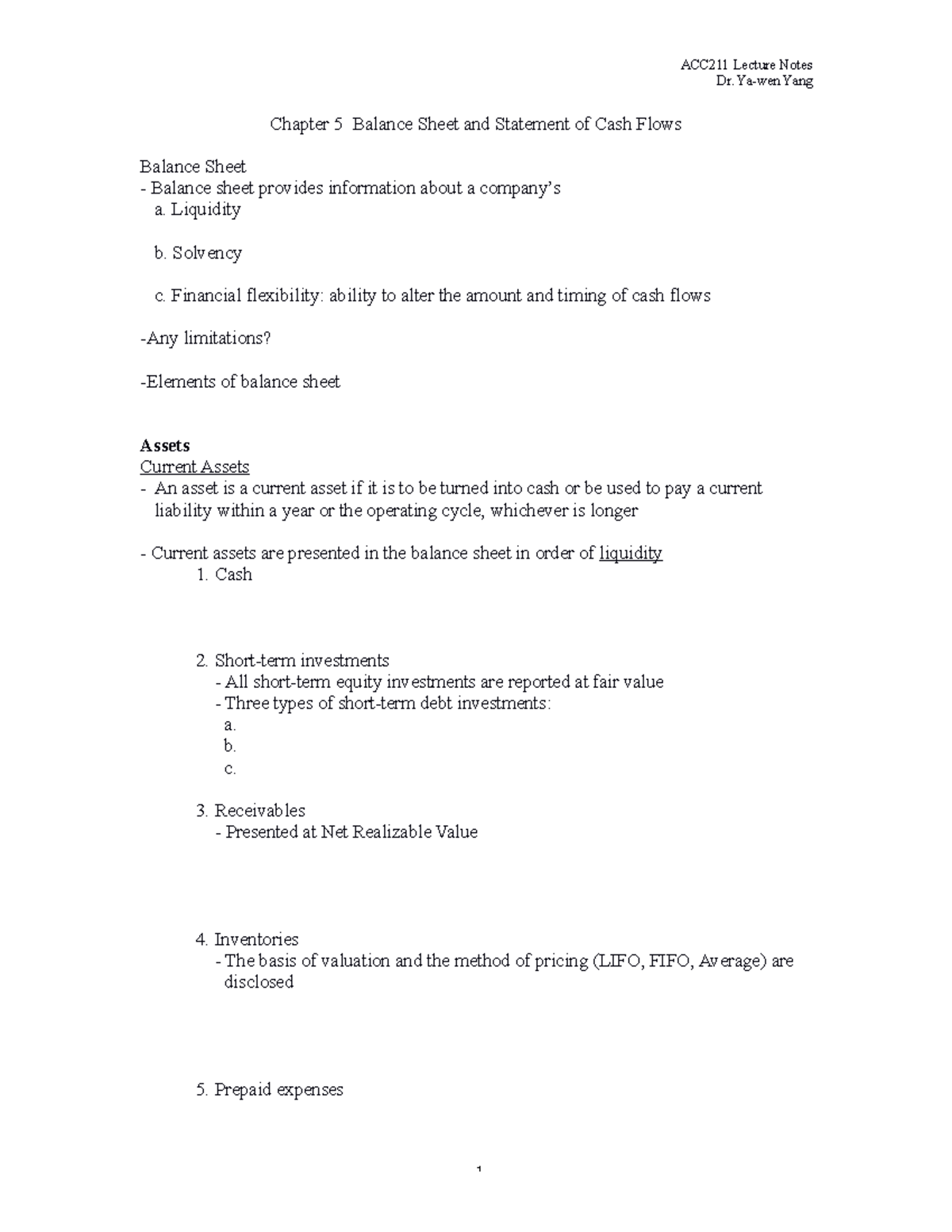 Ch5notes - Dr. Ya-wen Yang Chapter 5 Balance Sheet and Statement of ...