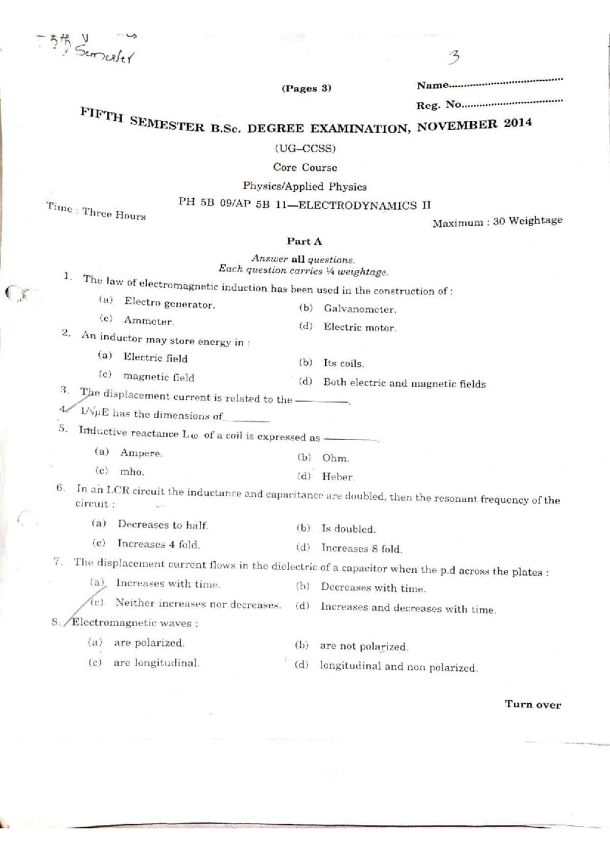 FIFTH SEMESTER B.Sc. Physics Exam Questions (PH 5B) - November 2014 ...