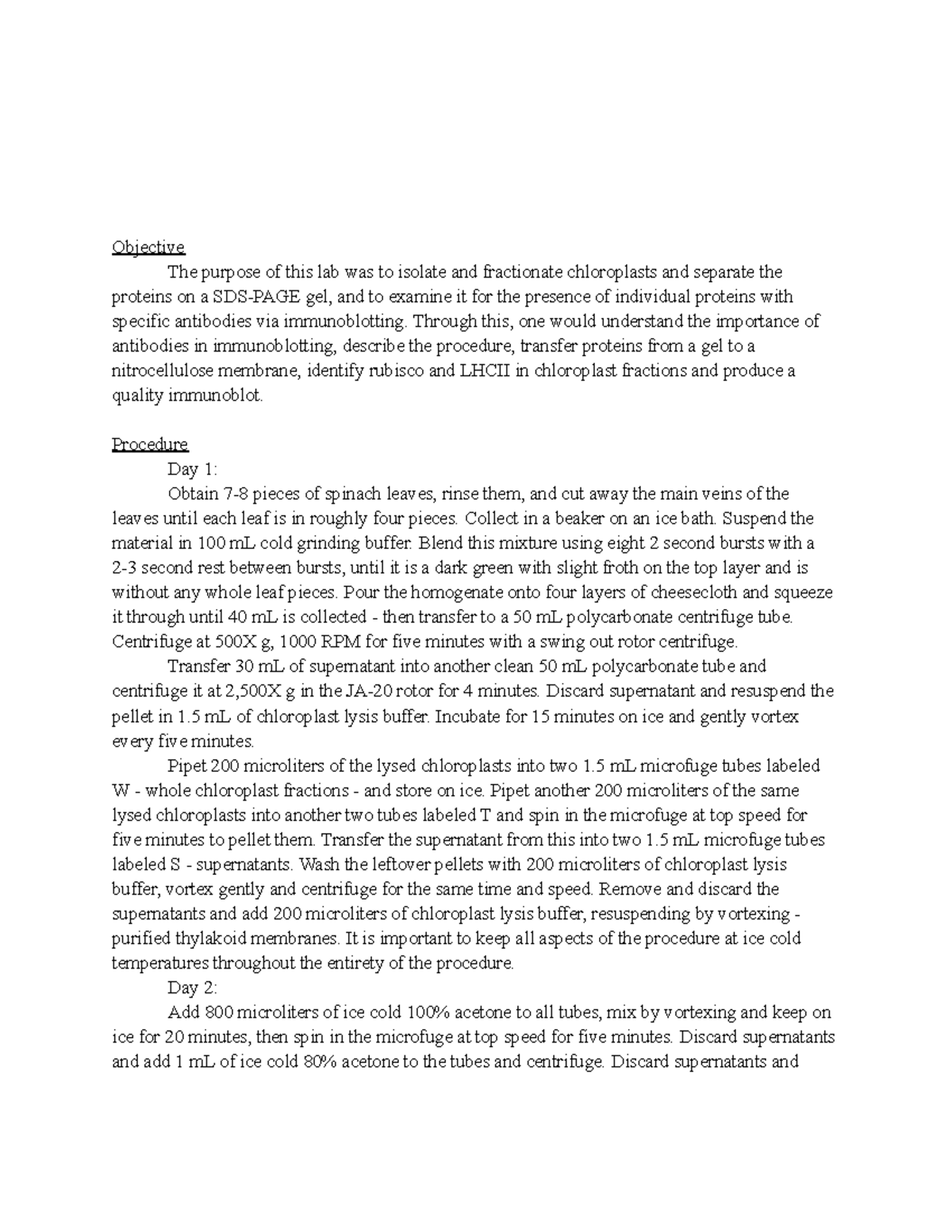 Cell Bio Lab (CB 101) Immunoblotting & Chloroplast Fractionation Report ...