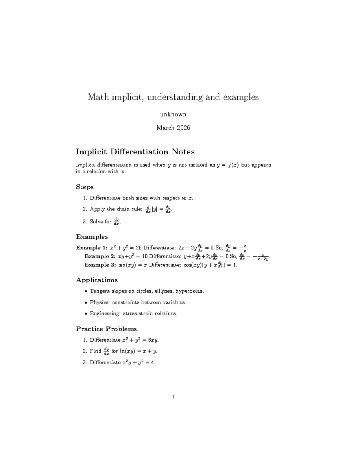 Math 101: Implicit Differentiation Notes and Examples - Studocu