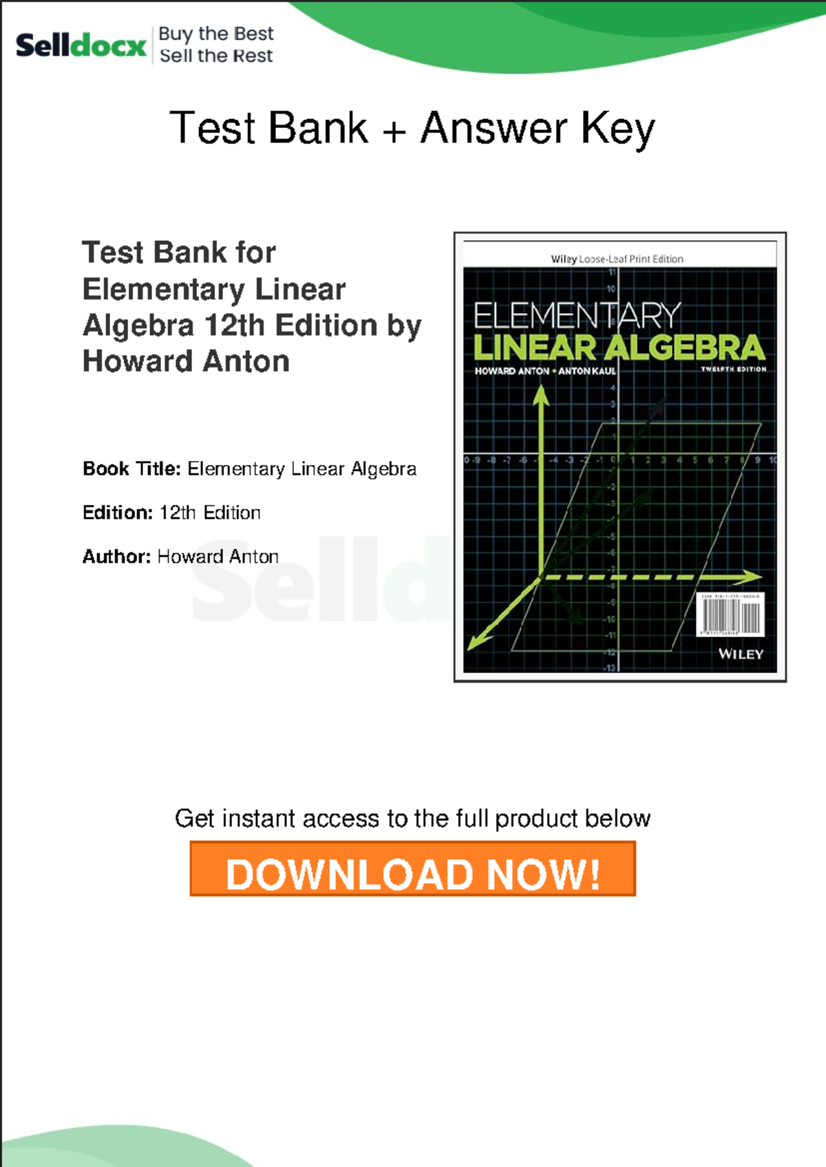 Test Bank Answers for Elementary Linear Algebra (12th Ed) - Studocu