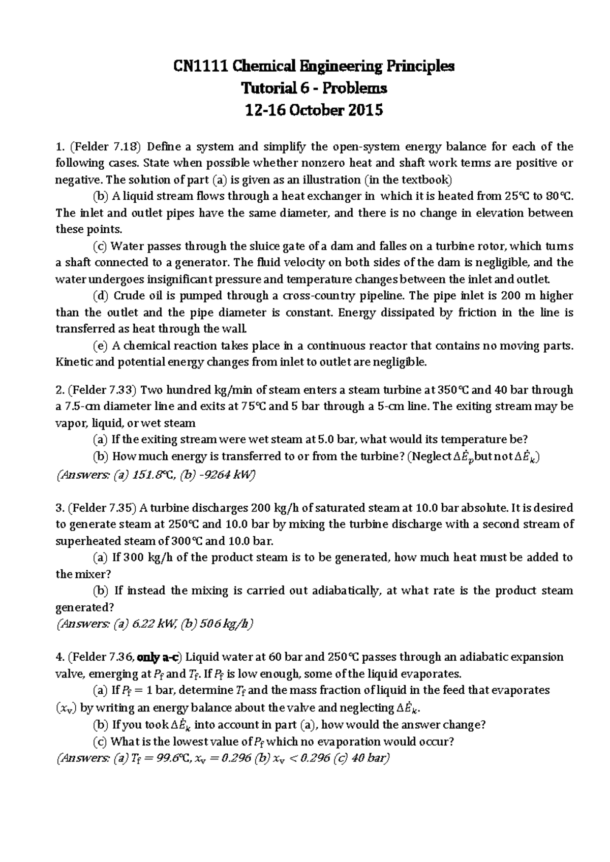 T6 Problems for CN1111 - Chemical Engineering Principles Tutorial - Studocu