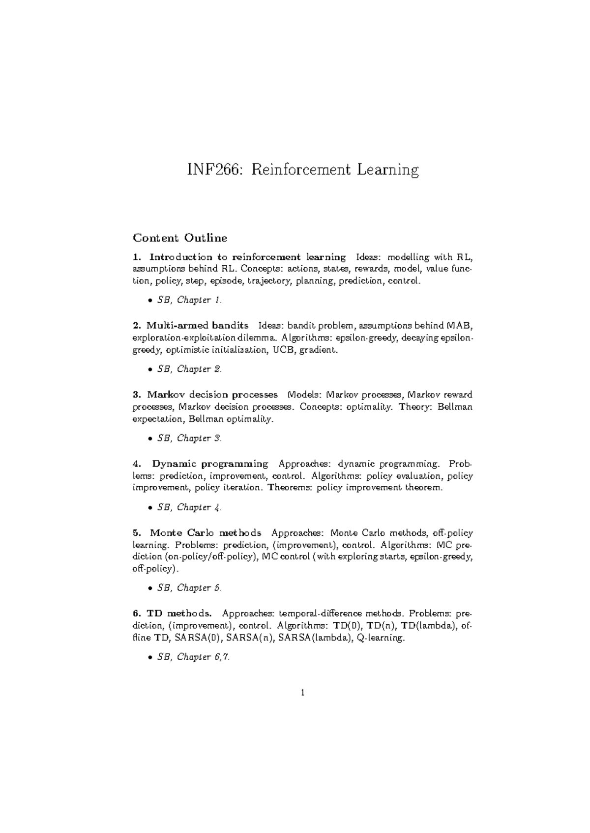 INF266: Course Outline on Reinforcement Learning Concepts and Methods ...