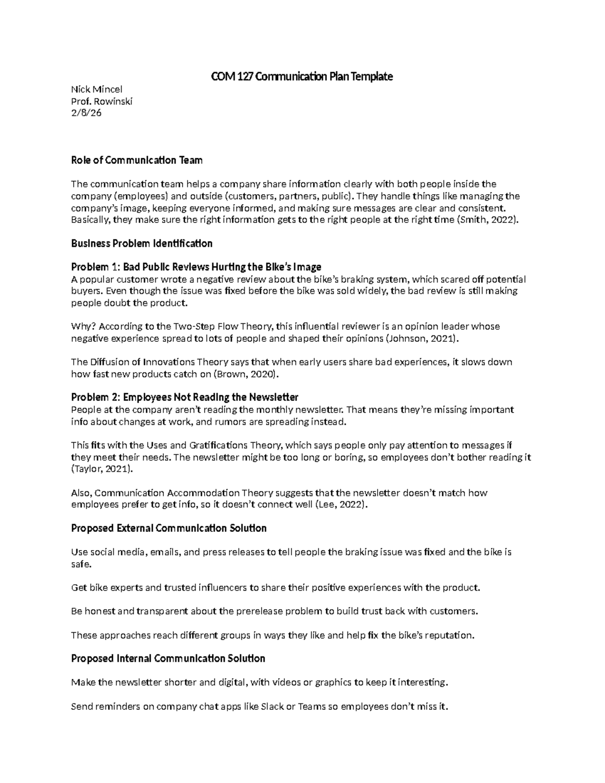 COM 127 Communication Plan: Strategies for Internal & External Issues ...