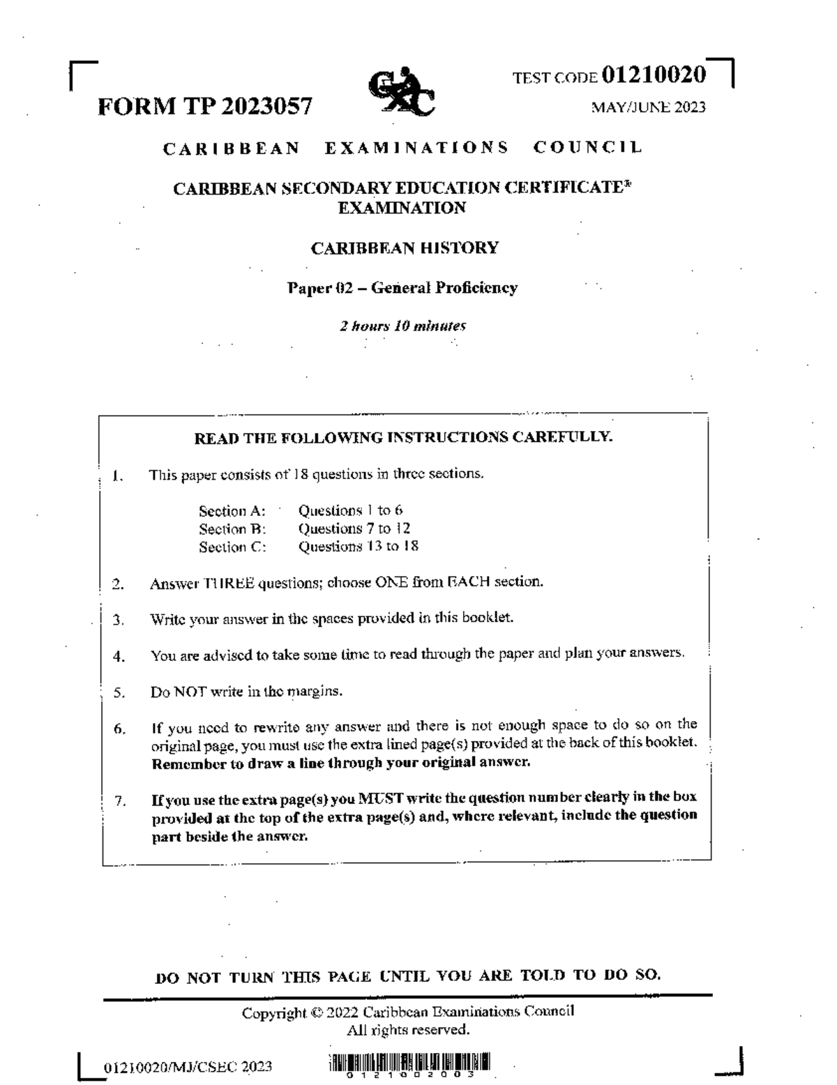 CSEC Caribbean History Paper 02 Exam 2023 - General Proficiency - Studocu