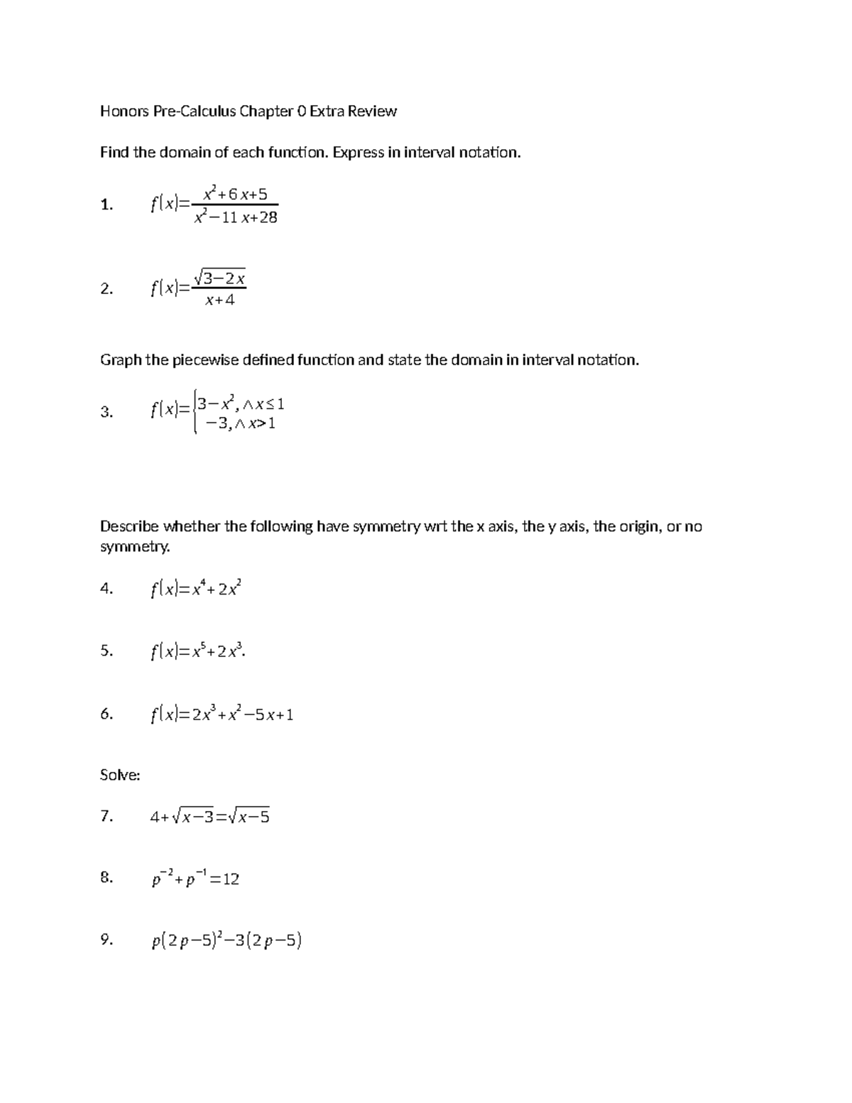 Honors Math 101 Chapter 0 Extra Review: Functions & Domains - Studocu