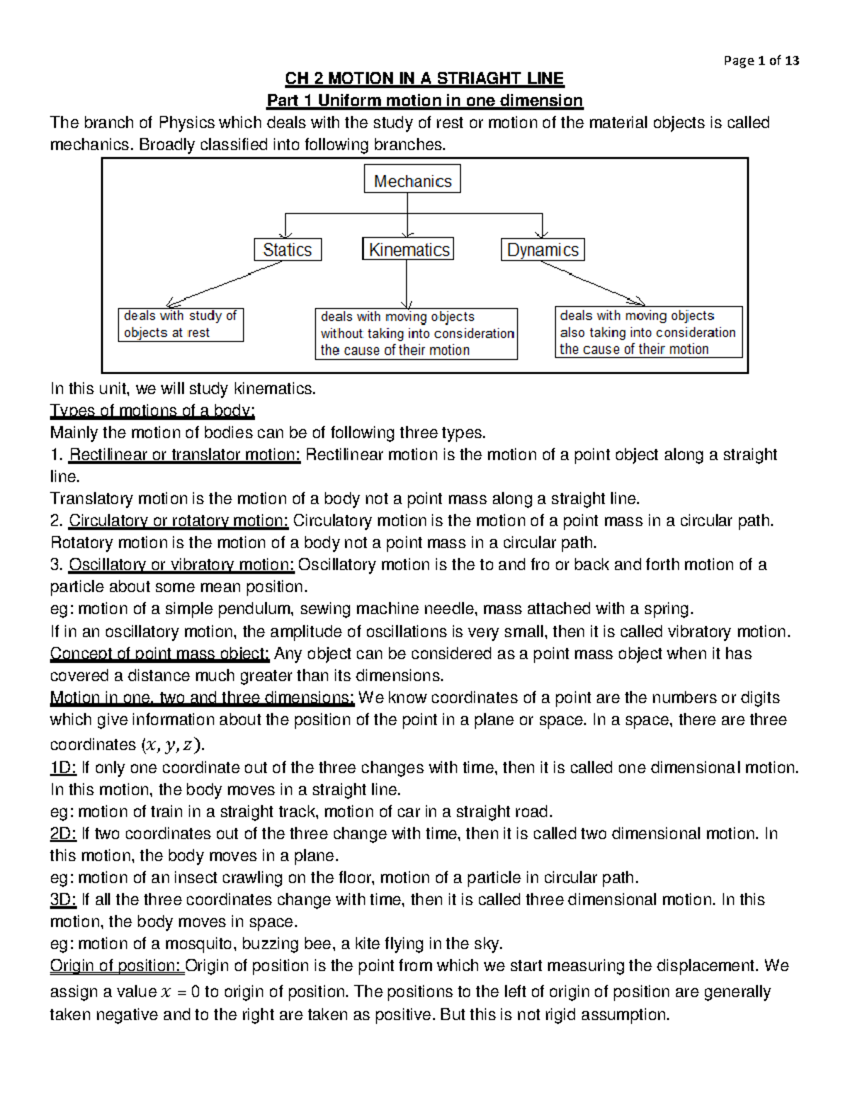 CH 2 Motion in a Straight Line: Uniform Motion & Kinematics Overview ...