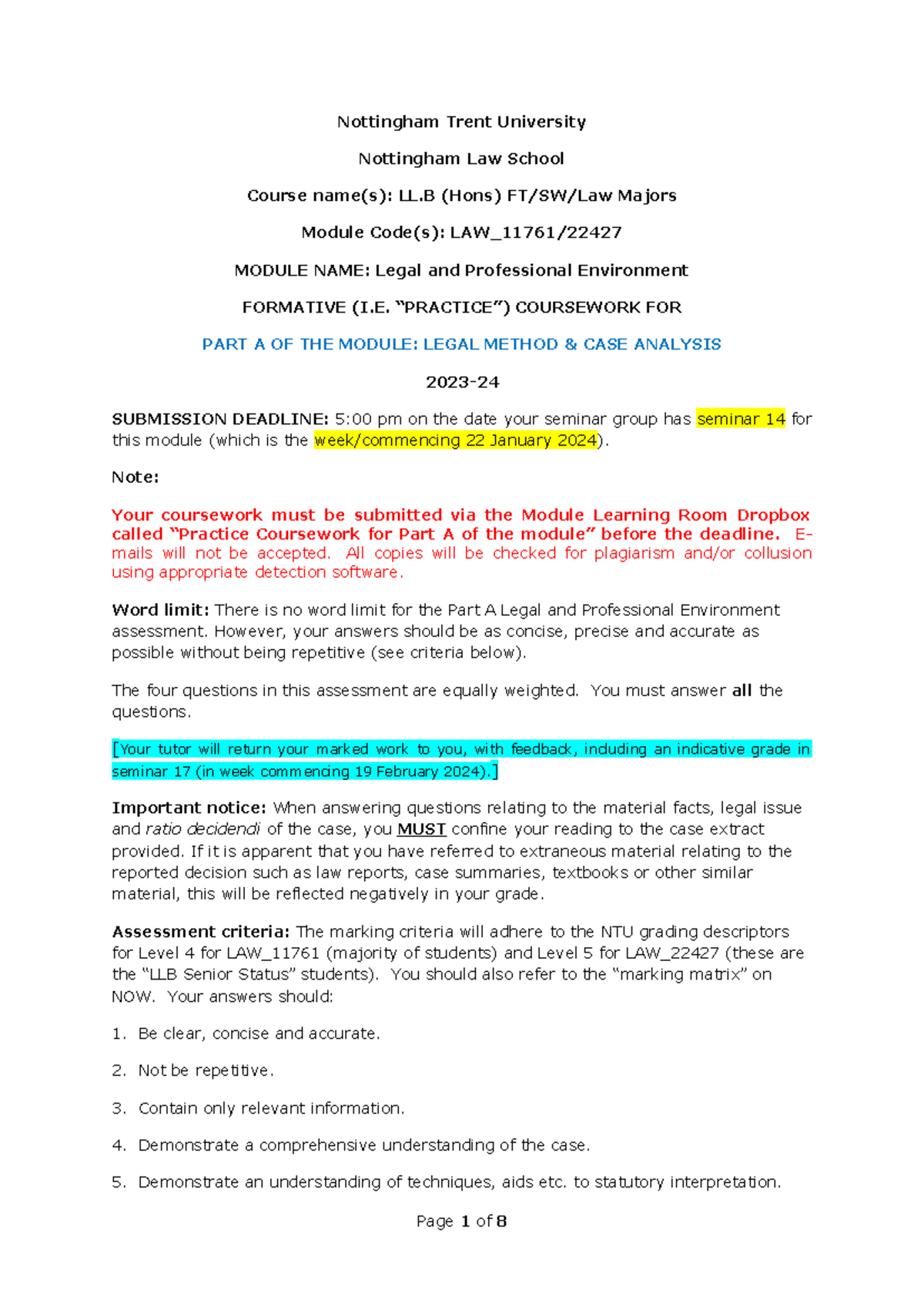 Practice Coursework for Part A: Legal Method & Case Analysis - R v Cook ...