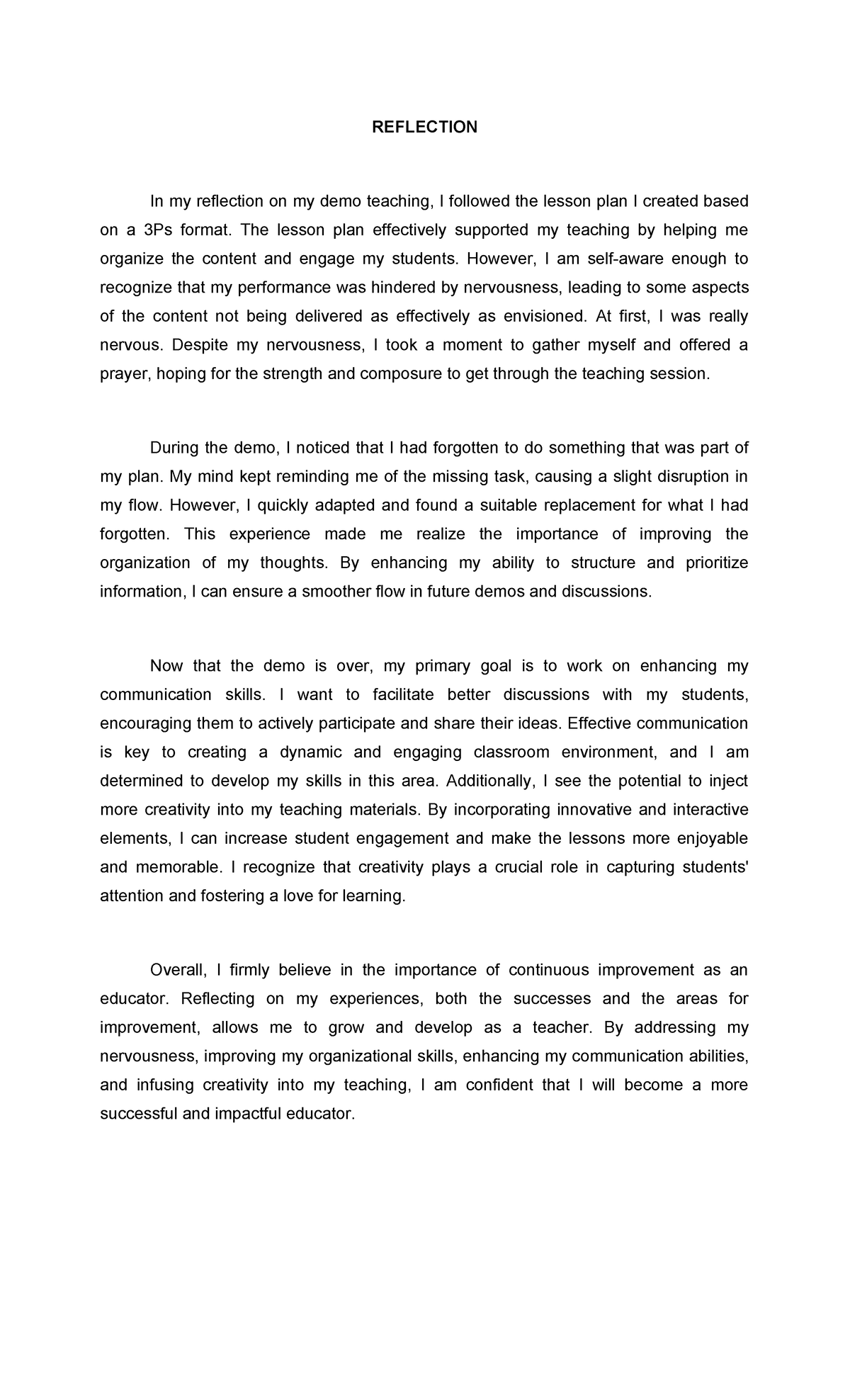 Reflection on Demo Teaching Experience: Insights and Strategies - Studocu