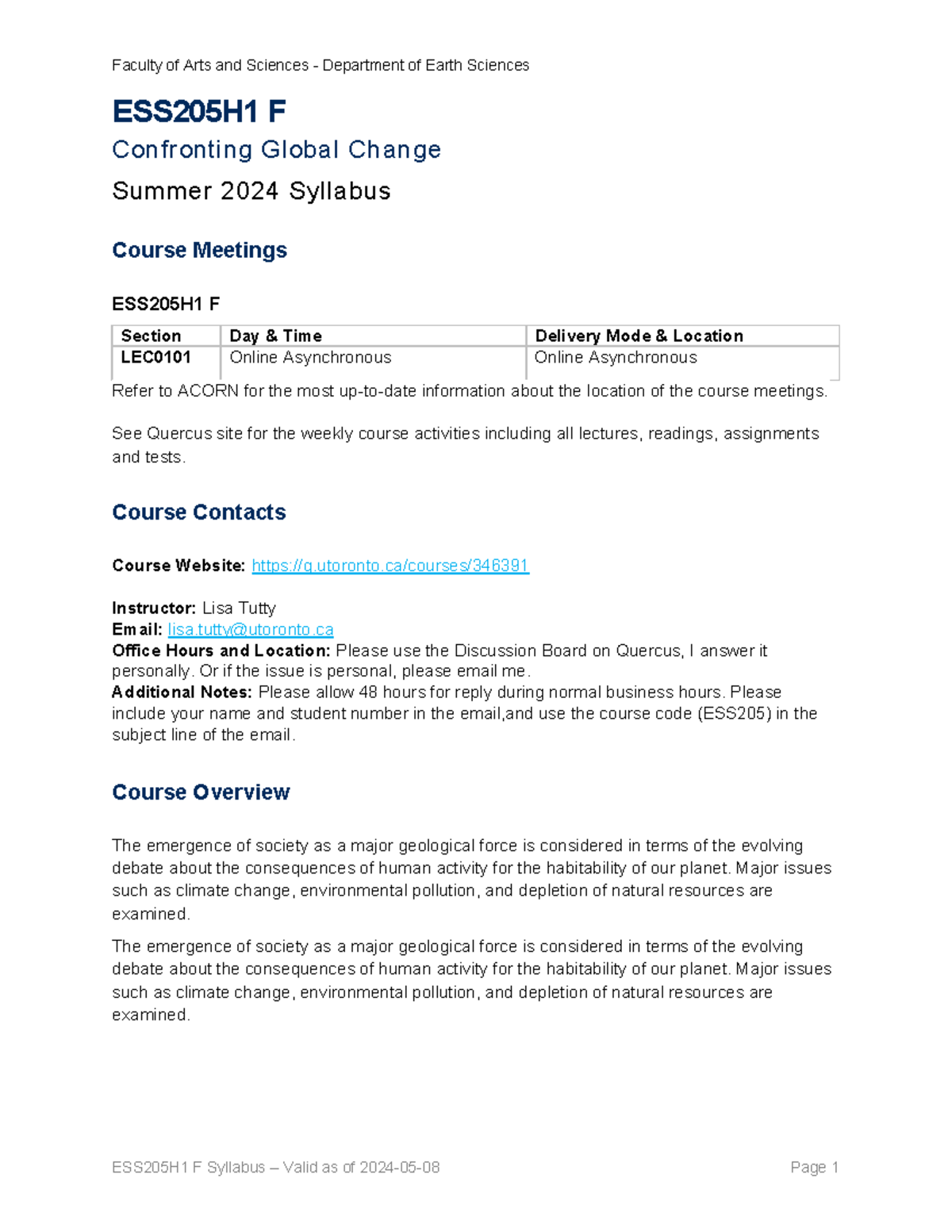 Syllabus for ESS205H1 F: Confronting Global Change - Summer 2024 - Studocu
