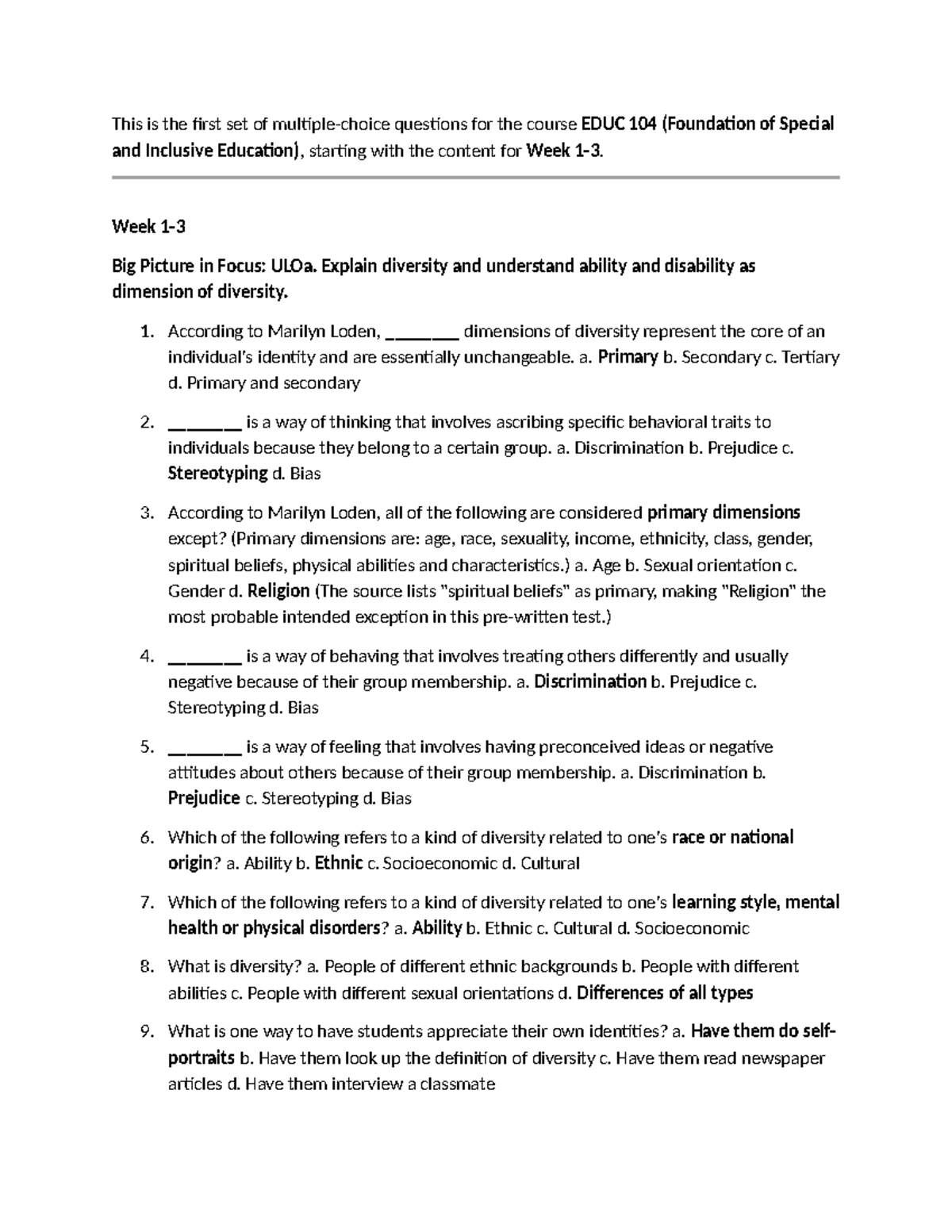 Final Exam Questions for EDUC 104: Foundations of Special Education - Document Preview