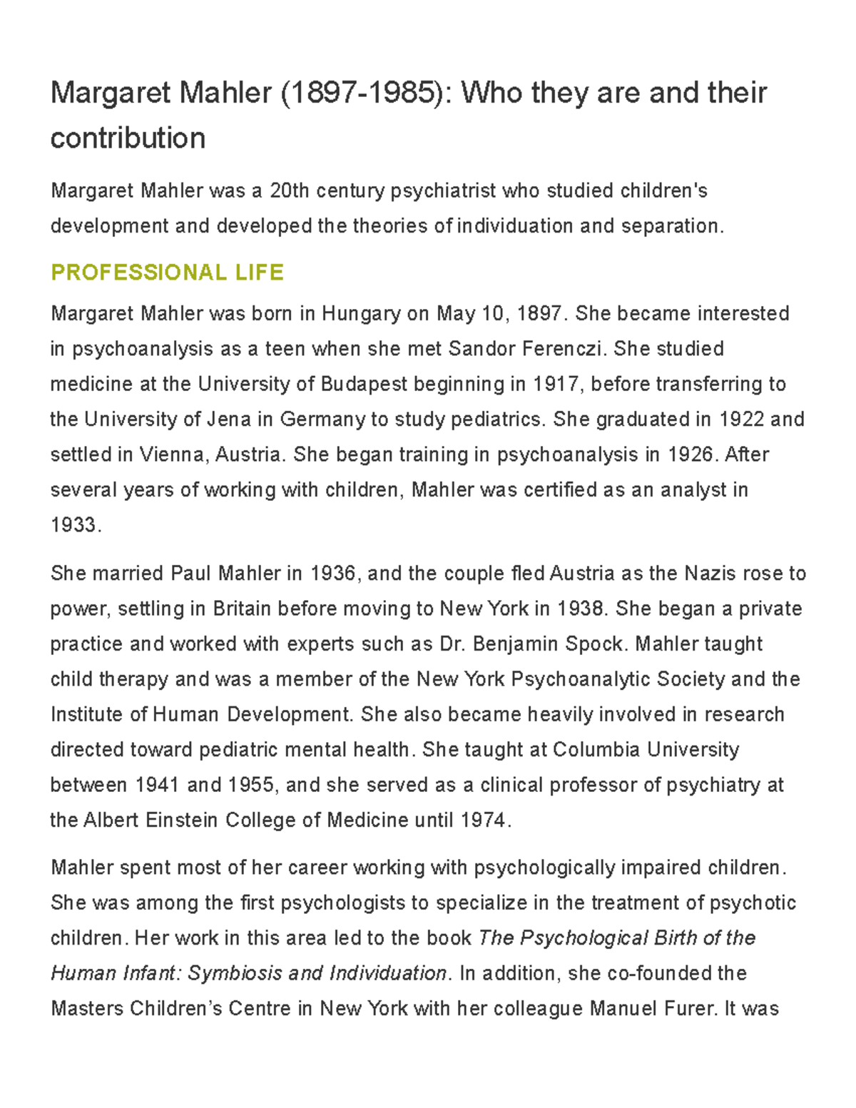 Margaret Mahler's Influence on Child Psychology Theory: A Study - Studocu