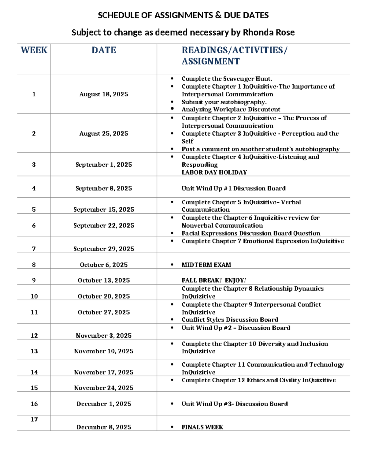 COM 252 Fall 2025 Assignment Schedule & Due Dates - Studocu
