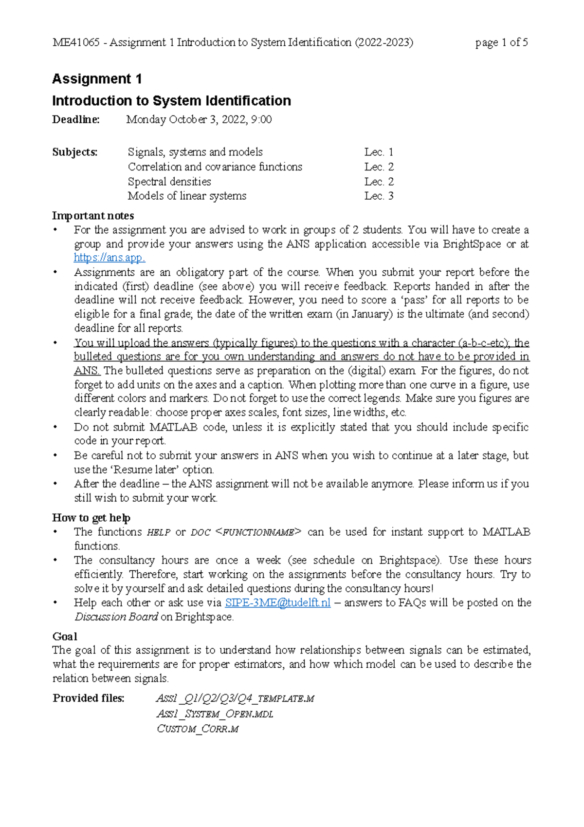 ME41065 Assignment 1: MATLAB Overview on System Identification and ...