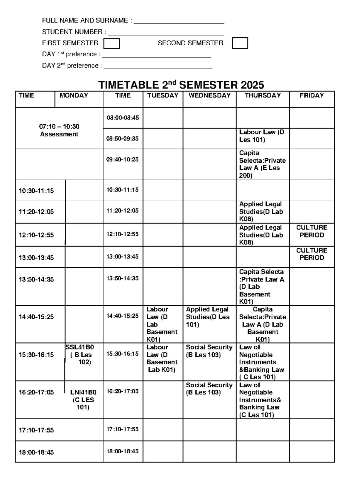 Timetable 2025 - 2nd Semester Class Schedule and Preferences - Studocu
