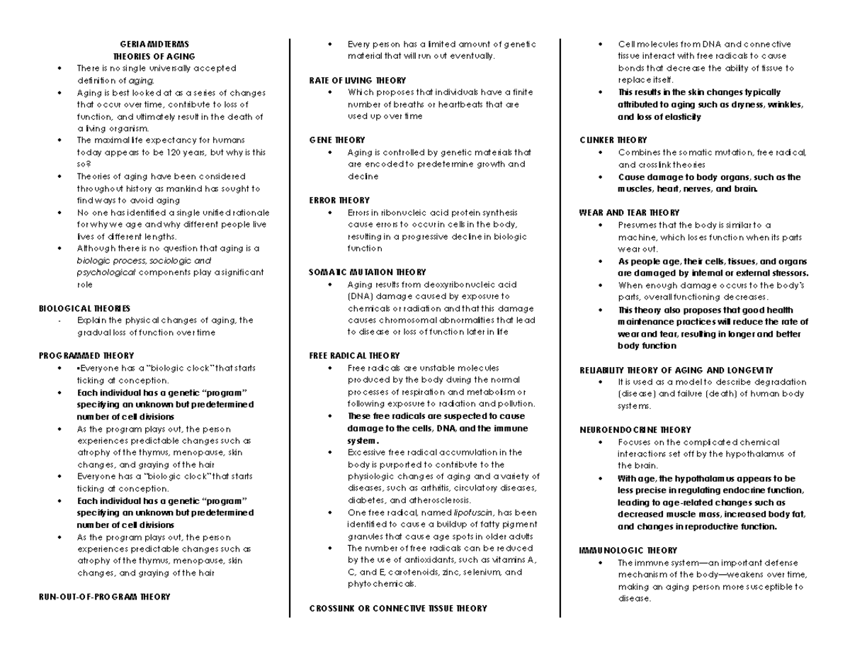 GERIA MIDTERM NOTES ON THEORIES OF AGING - Studocu