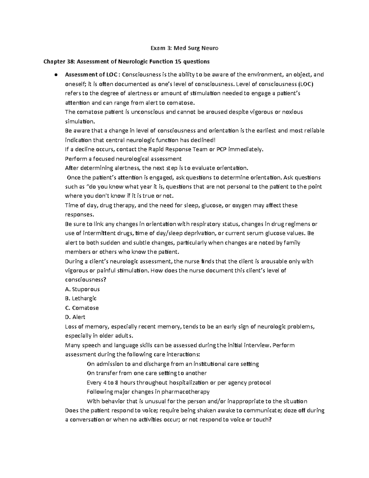 Exam 3 med surg - med surg notes exm 3 - Exam 3: Med Surg Neuro Chapter ...