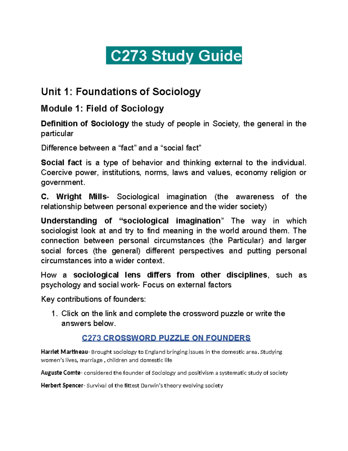 C273 Study Guide: Foundations of Sociology and Key Concepts - Studocu
