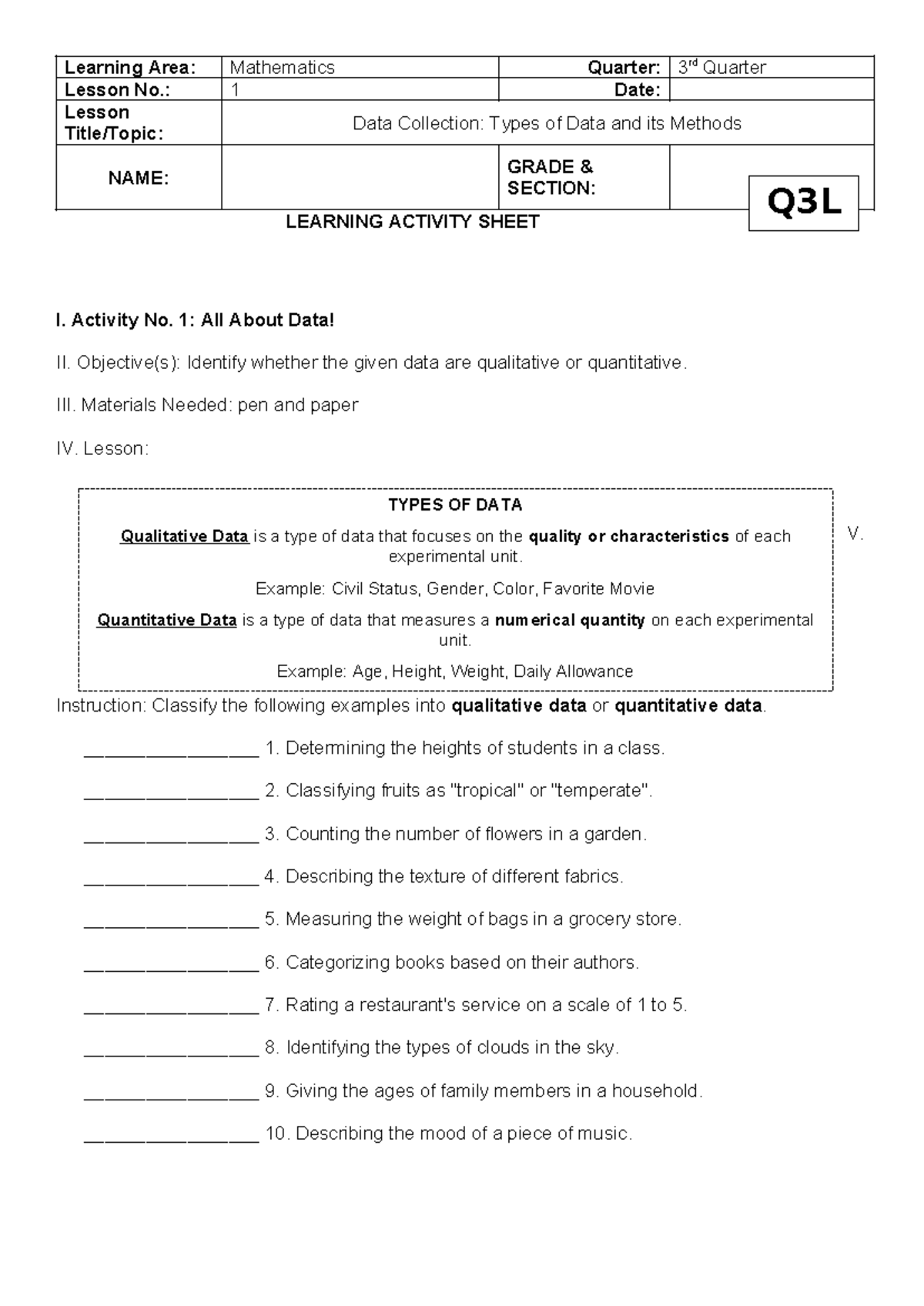 Mathematics 1: Q3L1 - Types of Data & Methods in Data Collection - Studocu